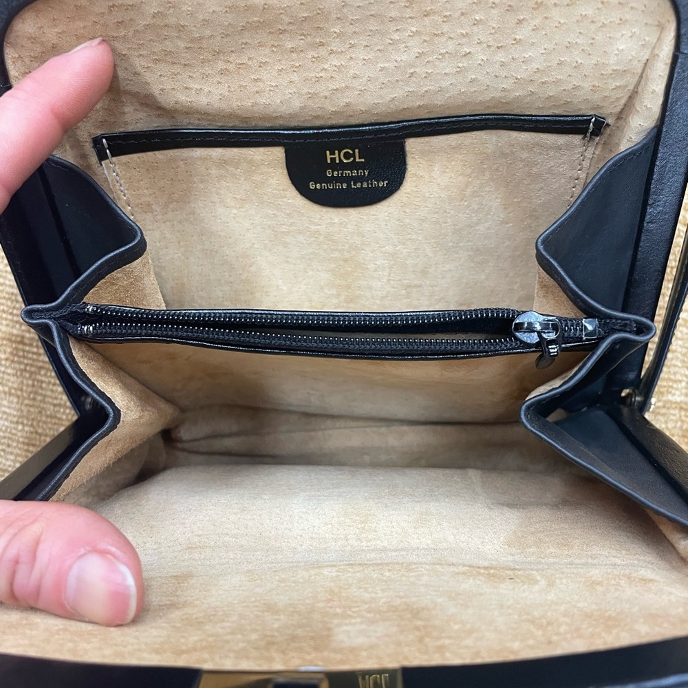 HCL crossbody/matching wallet. Black leather with gold accents - Picture 7 of 16